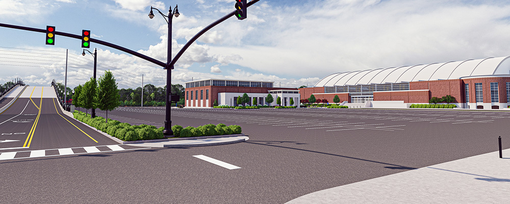 Rendering of the Basketball Practice Facility viewed from the intersection